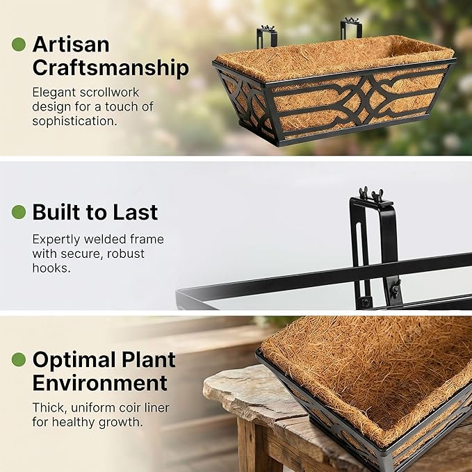 4 Pack 16 Inch Window Boxes Planters with Coco Liner, Metal Railing Planter Boxes for Outdoor Plants, Hanging Flower Basket for Garden Fence and Porch Rail Decoration