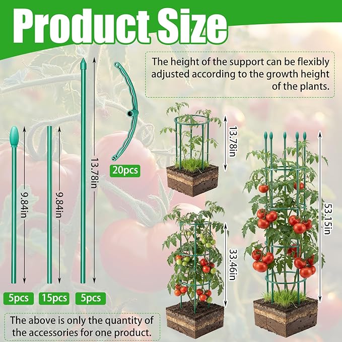 Qunclay 2 Pack Round Tomato Cages with 2 Pcs Garden Bird Netting Cover,57 in Adjustable 4-Tier Tomato Plants Trellis, Drawstring Plant Protection for Vertical Climbing Plants Vegetables Fruits