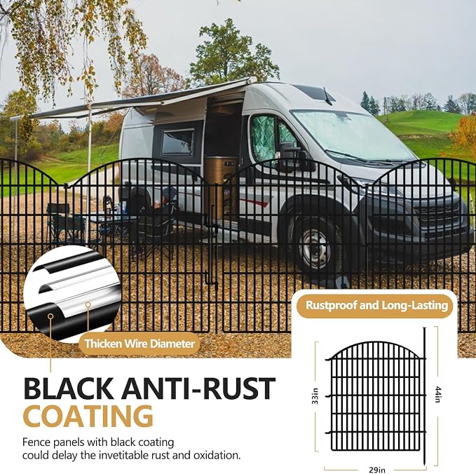 5 Panels Garden Fence Animal Barrier with Lock, 33in (H) x 12ft (L) Dog Fences Outdoor for Yard No Dig Rustproof Decorative Tall Metal Panel Border Rabbits Temporary Ground Stakes Fencing