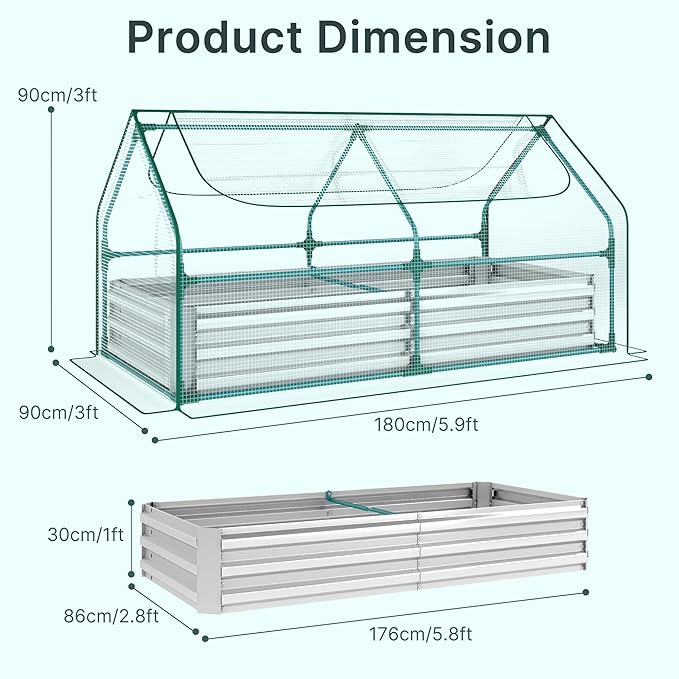 Miory Raised Garden Bed with PE Cover, 6x3x1 FT Galvanized Planter Box Outdoor with Greenhouse Cover, 2 Large Zippered Screen Windows for Vegetables, Flowers, Includes Labels & Gloves