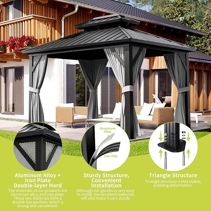 10' x 12' Hardtop Gazebo, All Weather Heavy Duty Aluminum Frame Double Metal Roof Outdoor Gazebo, Gray Patio Pavilion with Mesh Netting & Privacy Curtains, Perfect for Backyard, Garden, Porch & Poolsi