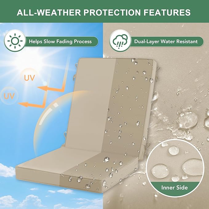 Summsun Outdoor Dining Chair Cushions, Water Resistant High Back Patio Seat Cushion Set with Ties, Removable Covers, Non-Slip Bottom for Garden Lawn Patio Furniture, 44 x 20 Inch, Cream