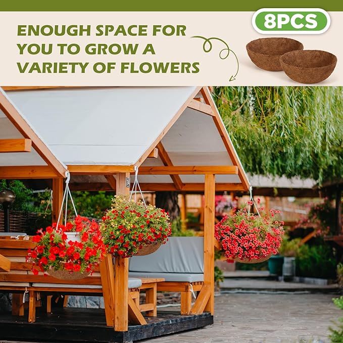 Gerrii 8 Pcs 16 Inch Coconut Liners for Hanging Baskets Coco Liners for Planters Natural Round Coconut Coco Planter Basket Coir Liner for Hanging Basket Flowers/Vegetables