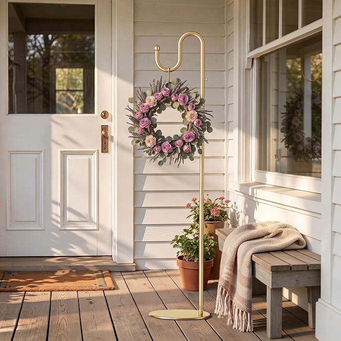 74" Gold Shepherds Hook Stand–Adjustable Free Standing Pole Holder for Hanging Bird Feeders, Plants, Lanterns, Wreaths, and Wind Chimes, Heavy Duty Base for Indoor & Outdoor Use, Holds Up to 20 LBS