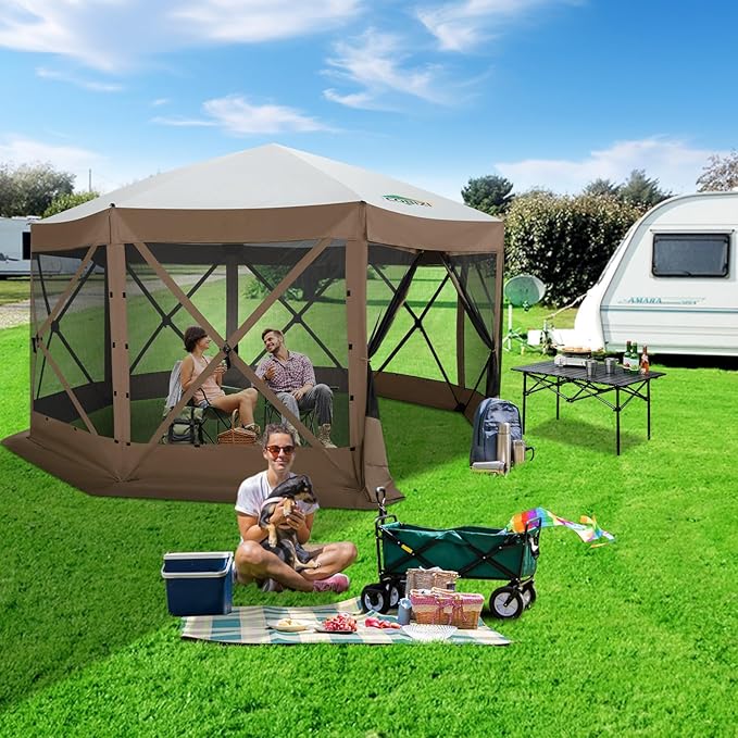 COBIZI 15x15 FT Pop Up Gazebo - Canopy Tent, Large Gazebos On Clearance,Instant Screened in Gazebo,carpas para Patio,Portable Screen Tents for 12-15 Persons Outdoor Camping, Backyard, Brown