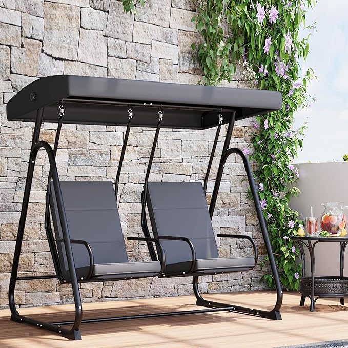 GarveeLife 2 Person Porch Swing Chair, Heavy Duty Outdoor Patio Swing Glider with Adjustable Canopy & Removable Cushions, Independent Swing Chairs for Garden, Balcony, Poolside, Backyard, Dark Grey