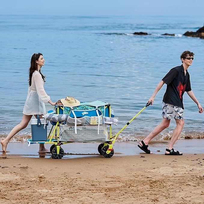 Double Decker Beach Wagon Cart, 400L Extra Large Capacity, 450lbs Heavy Duty, 54" Extendable Tailgate, All-Terrain Wheels with Brakes, Cooler Bag, Cup Holders & Side Pockets for Beach Camping Shoping