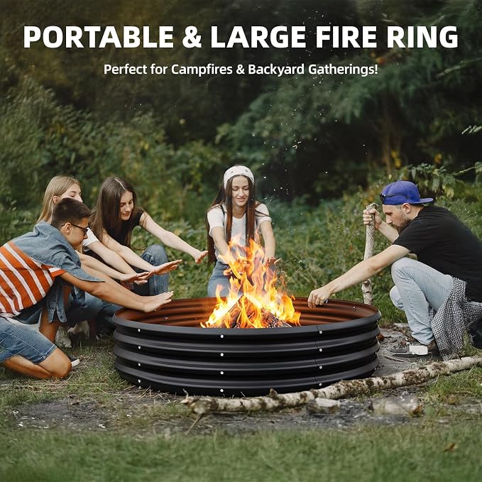 60 Inch Fire Pit Ring for Outside, 5FT Diameter Wood Burning Fire Ring, Large Round Galvanized Steel Fire Pit, Metal Outdoor Fireplace for Backyard, Patio, Camping, Bonfire (Black)
