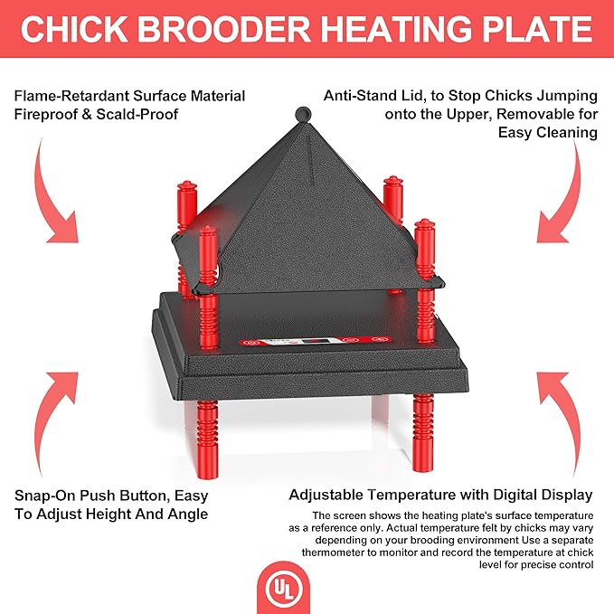 Chick Brooder Heating Plate with Anti Stand Cone, Adjustable Height Brooder Heater for Chicks, Downward Heat Distribution for Outdoor Barns & Coops (10" x 10" with Temp. Adjustments & Black)