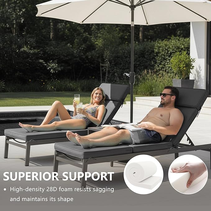 72 x 21 Inch Outdoor Chaise Lounge Cushions Set of 2 - Removable Cover, 4-Section Design, Water-Repellent & Fade-Resistant, 6 Tie Straps, Replacement for Patio & Pool Chairs - Dark Grey