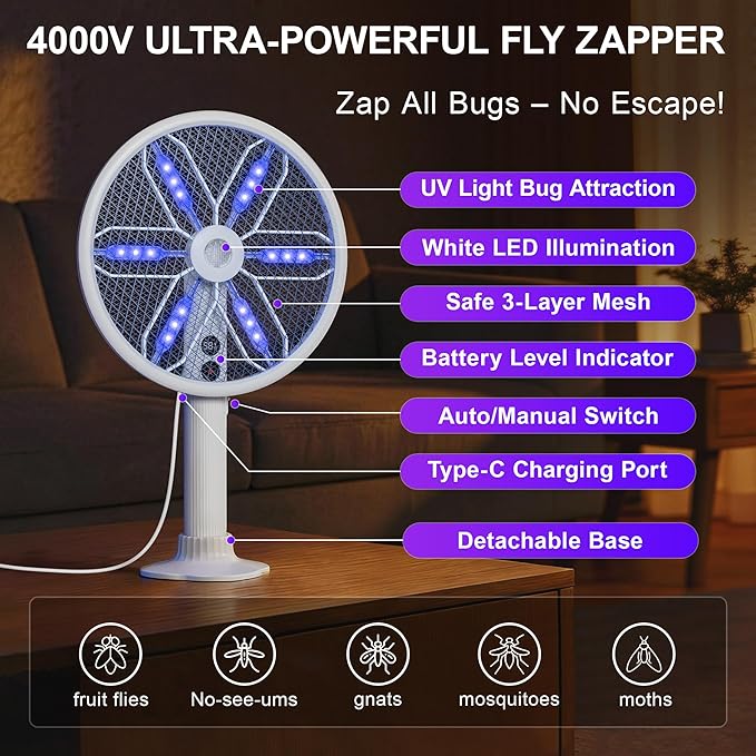 Rotating Head Electric Fly Swatter for Indoors with 16–40" Telescopic Handle, 4000V 2-in-1 UV USB Rechargeable Bug Zapper Indoor Outdoor, Fly Mosquito Zapper Killer Catcher Trap for Ceilings and Walls
