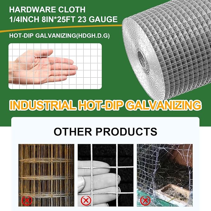 8in x 25Ft Hardware Cloth Hot-Dip Galvanized Welded Chicken Wire Fencing - Heavy Duty 23 Gauge Wire Mesh for Garden, Chicken Coop, Rabbit Cage, Rodent & Predator Protection