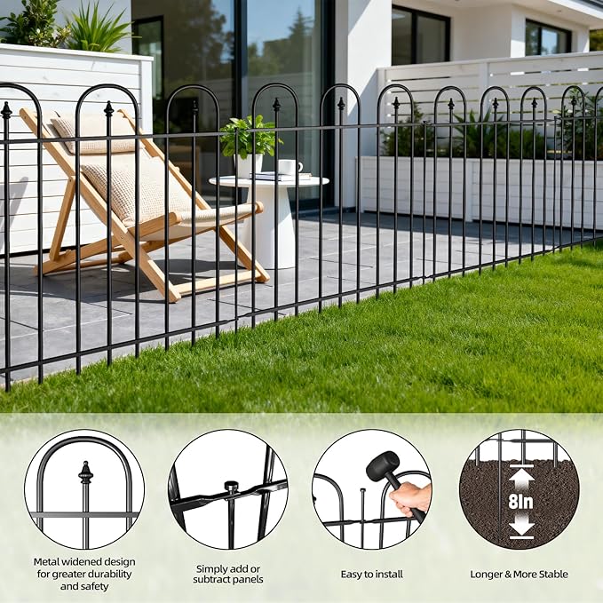 Garden Fence Animal Barrier - 10 Panels, 32 in(H) x 24 ft(L) No Dig Garden Fence, Arched Decorative Garden Fence Border with Ground Stakes, Rustproof Metal Fencing for Yard Patio Dog Rabbit