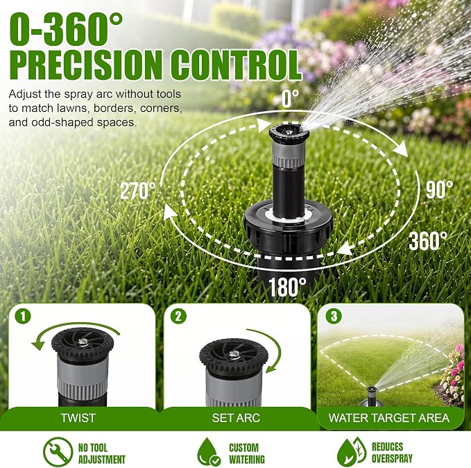 16 Pack Adjustable Sprinkler Heads for Lawn, Compatible with Rain Bird 1800 Replacement Sprinkler Head, 4-Inch Pop-Up, 9-20 ft Radius, 0-360° Adjustable Arc, Efficient Garden Yard Irrigation