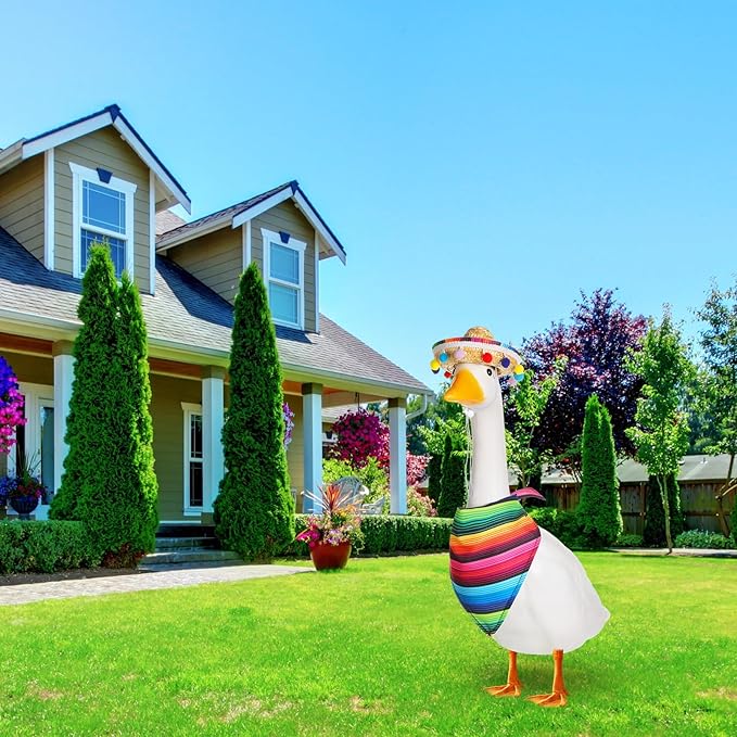 Shyyween Mexican Porch Goose Outfit for 23"/ 17'' Lawn Goose Statue Sombrero with Bandana Scarf for Garden Patio Yard Decor(Bright)