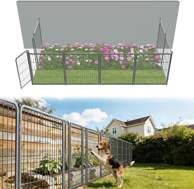 FXW Garden Fence Outdoor for the Yard – 32in(H) x 18.2ft(L) Heavy Duty Metal Animal Barrier for Dog, No Dig Decorative Dog Fence, 8 Panels, Silver