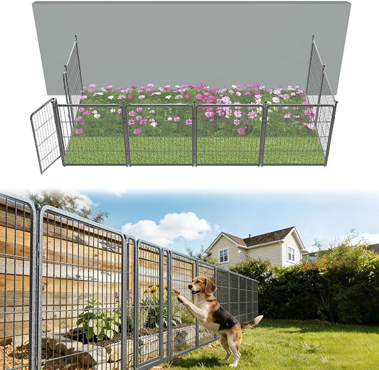 FXW Garden Fence Outdoor for the Yard – 32in(H) x 18.2ft(L) Heavy Duty Metal Animal Barrier for Dog, No Dig Decorative Dog Fence, 8 Panels, Silver
