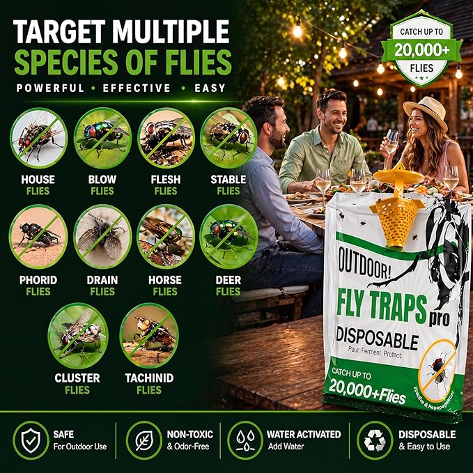 Fly Traps Outdoor Hanging, 6 Pack Portable Disposable Fly Catcher, Add Water Outdoor Flying Insect Trap Fly Traps for Patio, Garbage, Backyard, Ranch Areas