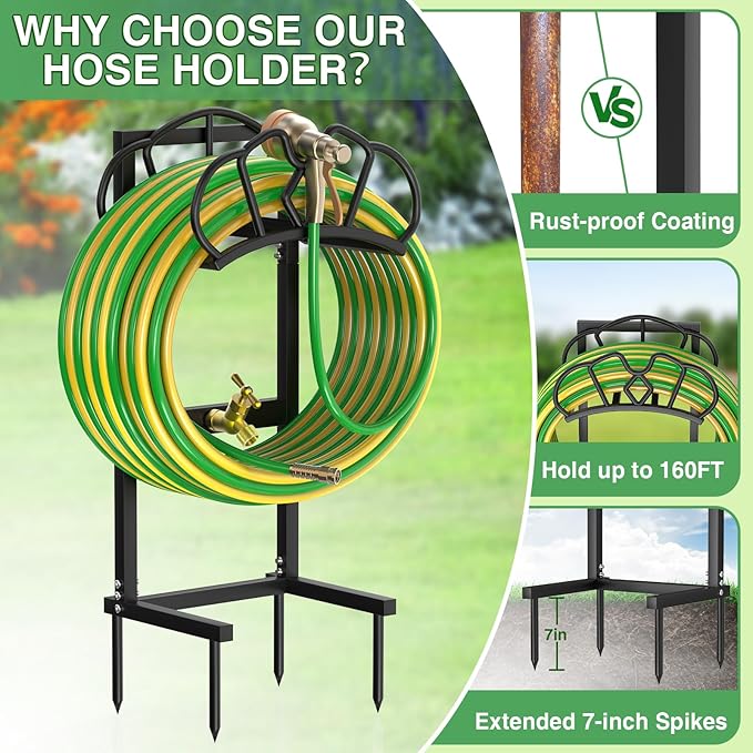 Qatsrin Garden Hose Holder with Faucet, Super Stable Water Hose Holder Stand Holds 160-Feet Hoses, Freestanding Detachable Hose Storage Hanger Reels Rack for Yard Lawn Farm