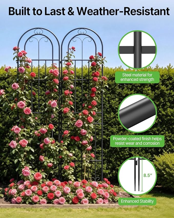 Suteck Garden Trellis for Climbing Plants Outdoor, 87" H x 20" W, 2 Pack Metal Garden Trellis with Rustproof Powder-Coated, Rose Trellis for Patio Lawn Yard, Flower & Vegetable Support