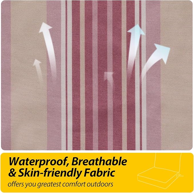 AAAAAcessories Outdoor Seat Cushions for Chairs, Fade-Resistant, Waterproof Patio Furniture Replacement Cushions, 25.5" x 25.5" x 5" + 25.5" x 19", Dusty Rose Garden Stripe