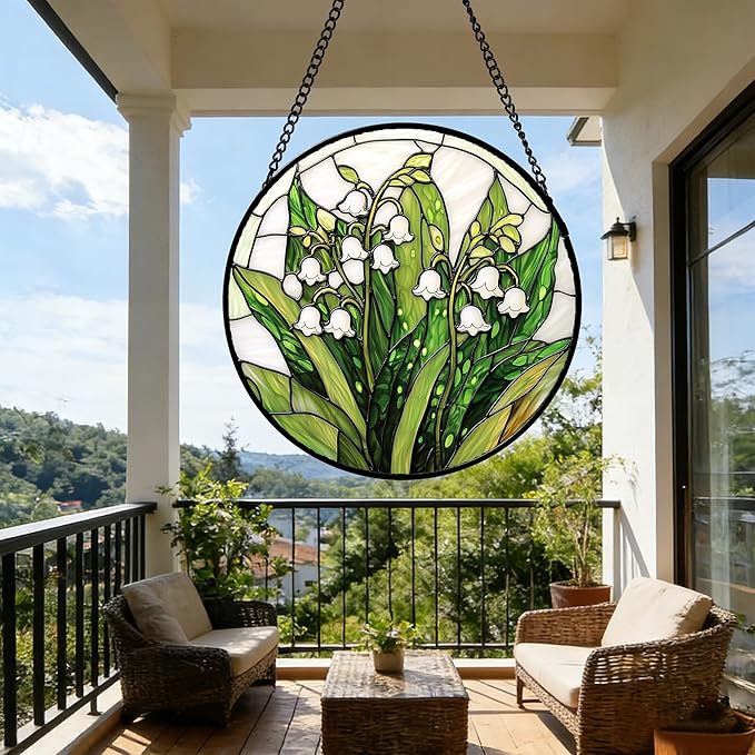 DASTOLL Stained Glass Window Hanging, Lily of the Valley Flower Sun Catchers Colorful Glass Panel Green Plants Suncatcher Decor for Birthday for Women, Men,Wife, Lovers, and Mom 9.8 in