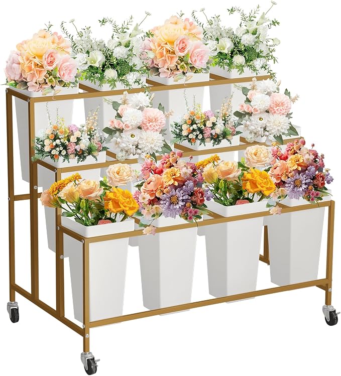 PeakPursuit 3-Tier Metal Flower Display Stand with 12 Square Plastic Buckets and Wheels,Flower Display Cart for Indoor and Outdoor Use, Gold