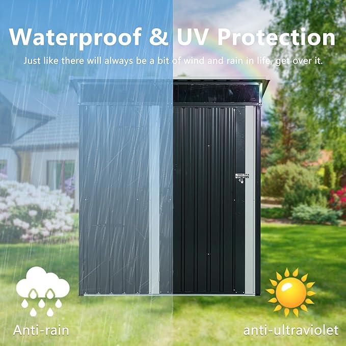 5FT x 3FT Outdoor Storage Shed, Heavy Duty Galvanized Steel Garden Shed with Transparent Roof Panel, Weatherproof Metal Tool Shed with Door & Air Vents for Backyard Patio, Black