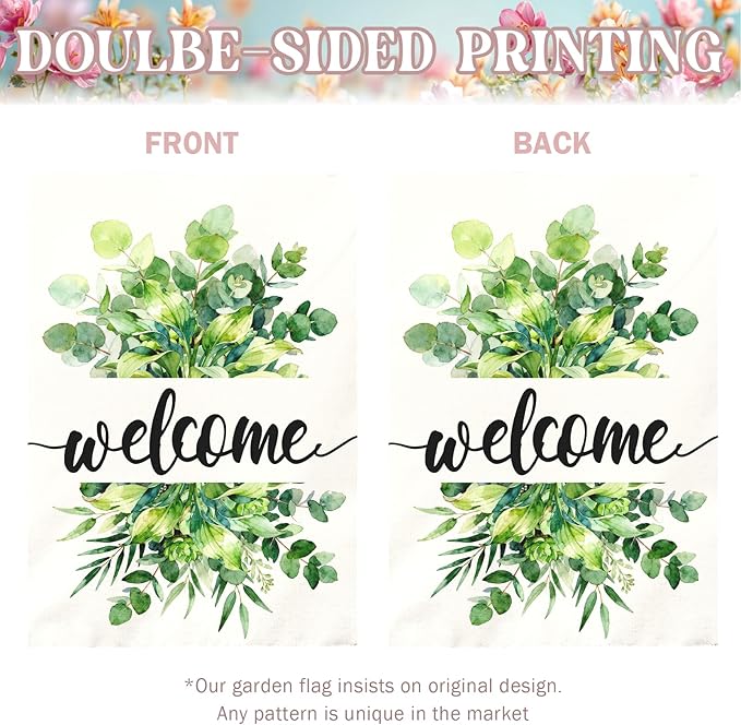 Welcome Garden Flag Spring Large Summer Greenery Watercolor Eucalyptus Leaves House Banner Seasonal Rustic Farmhouse Hosta Fragrant Plantain Yard Flags for Porch Patio Home Decor 28 x 40 Inch