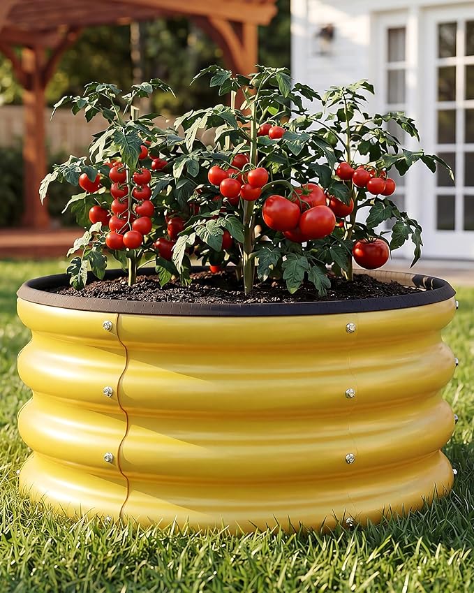 2 x 2 x 1 ft Round Raised Garden Bed, Yellow 2 Pack 0.6 mm Thick Galvanized Steel Planter Box with Double Layer Paint and Safety Edge Trim for Vegetables Flowers Herbs Outdoor Garden
