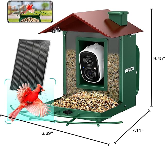 Osoeri Bird Feeder with Camera, Camera Bird Feeder for Outside, Solar-Powered, Smart AI Identify Birds, Auto Capture Video & Instant Arrival Alert, Ideal Gift for Family and Birdlover