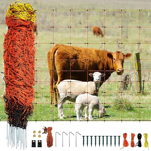 Electric Netting 35.4"H x 164'L | with Posts and Double-Spiked Stakes, Portable Electric Fence Netting for Backyards, Homesteads, Gardens, Farms, and Ranches