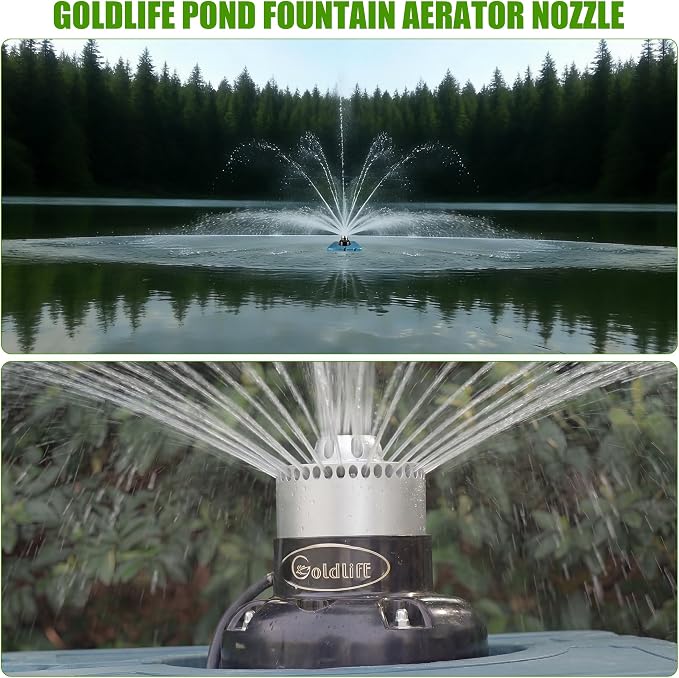 Goldlife Pond Fountain Aerator Nozzle - 1 x N2 Nozzle, Al-Alloy Silver, 36ft Wide 16ft High three-Layer Water Spray Sprinkler Head, Replacement Fountain Aerator Pump Nozzle for Garden Pond Lake