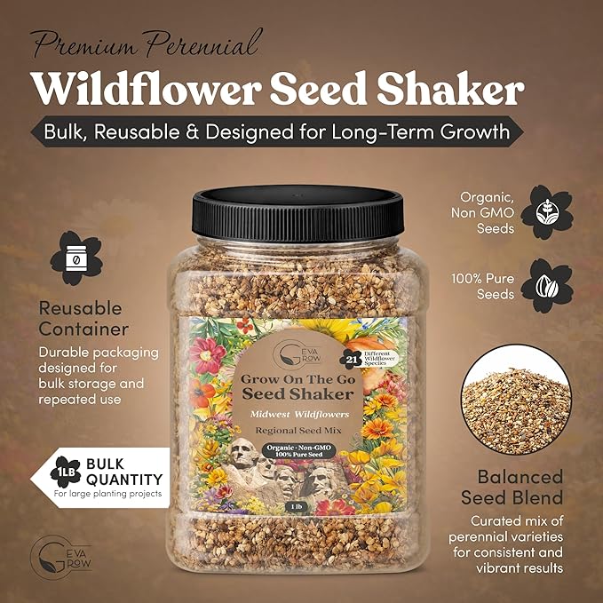 Midwest Wildflower Seeds Regional Mix - Organic, Non-GMO - 100% Pure Seed - 21 Different Wildflowers Seeds of Annual and Perennial, 1 LB Tub