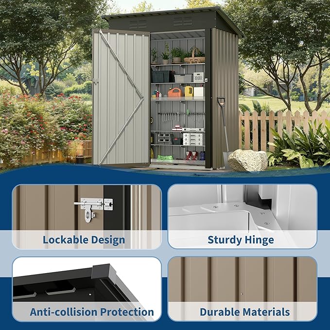 Garvee Metal Tool Shed with Single Door - Slanted Roof, Small Size, 5x3FT, Garden Storage, Outdoor Iron Tool Storage