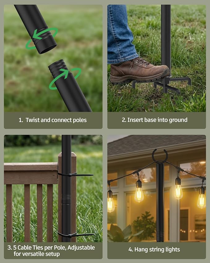 LAND·VOI Outdoor String Light Poles 1 Pack, Heavy Duty String Light Poles for Outside with 5-Prong Base & Adjustable Height, Perfect for Backyard, Patio, Garden, Fence and Party Decor