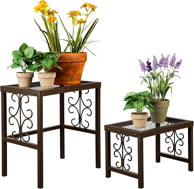 Evergreen Garden Nesting Plant Stands Indoor/Outdoor, Metal Plant Stand for Patio, Porch, Garden, Corner Plant Stands for Indoor Plants (Montebello, Set of 2)