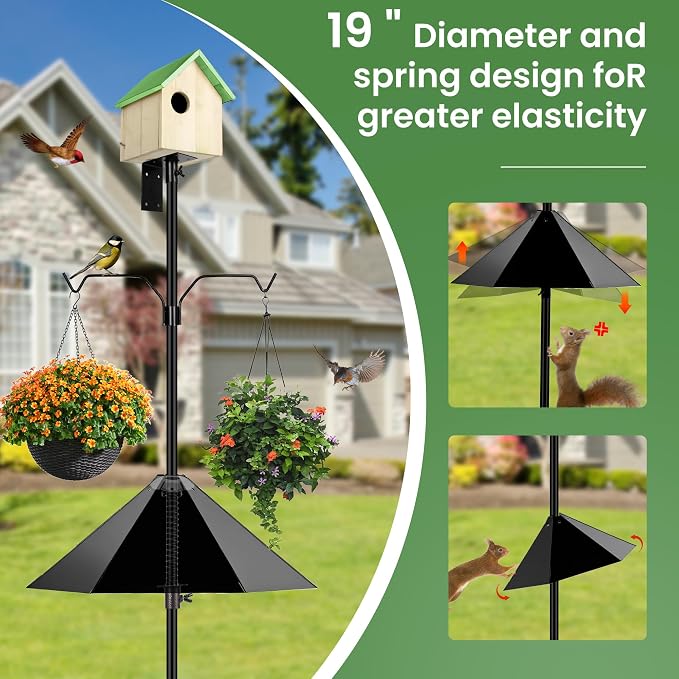 YINGYM Bird House Pole, 95 Inch Heavy Duty Bird Feeder Pole Mount Kit for Outdoors, Adjustable Feeding Stand, with 2-Hooks, Metal Squirrel Baffle and 5-Prong Base, for Birds Watching