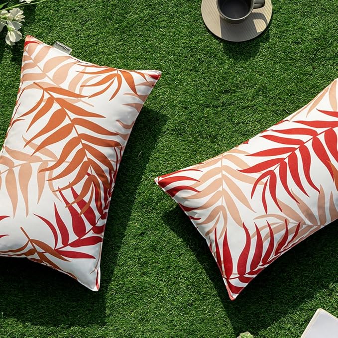 MIULEE Pack of 2 Decorative Outdoor Waterproof Throw Pillow Covers Patio Pillow Cases Natural Leaves Pattern Spring Square Cushion Shams Shell for Garden Balcony Couch 12x20 Inch, Orange