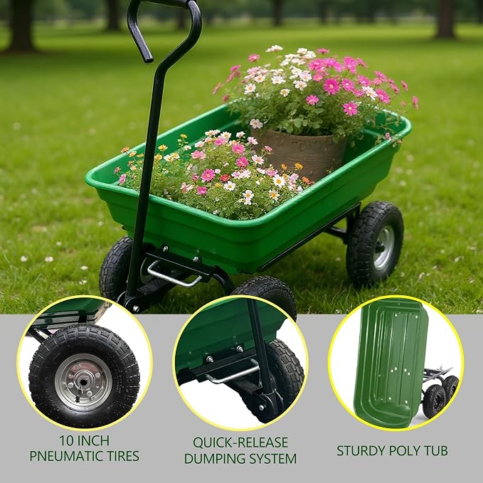 Garvee Wheelbarrow Garden Cart, Heavy-Duty Garden Dump Cart, Four-Wheel Home Garden Yard Utility Wheelbarrow Cart with Built-in Stand & D-Handle Steering for Gardening, Yard Work & Landscaping