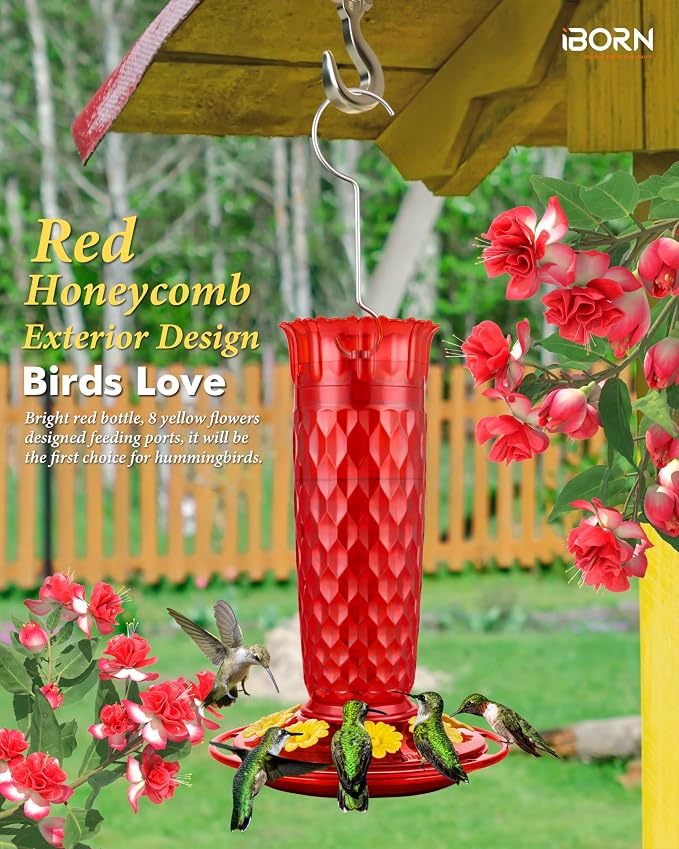 iBorn 16OZ Hummingbird Feeders for Outdoors with Built-in Ant Moat&28" Wall Mount Deck Hook,180° Rotatable Arm, Solid Wire, Pack of 1