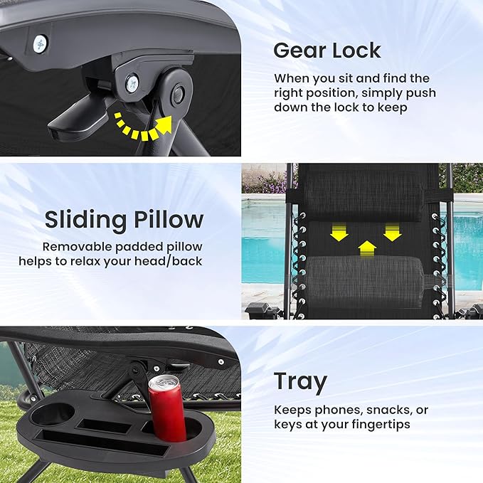 Zero Gravity Chair Set of 2 Oversized Folding Recliner, Padded Anti Gravity Lounge Chair with Adjustable Pillow & Cup Holder for Outdoor Camping, Patio, Poolside, Lawn (Black)