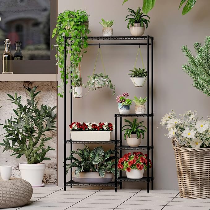 Xiofio Plant Stands for for Indoor Outdoor, Heavy Duty Metal Plant Stand,large Plant Shelf,Adjustable Plant Shelves With Hanging Rod for Living Room,Balcony,Garden,Black