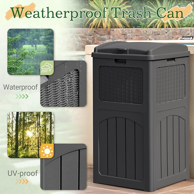 Greesum 33 Gallon Outdoor Trash Can with Lid, Waterproof Resin Garbage Bin for Hideaway, Deck, Patio, Gray