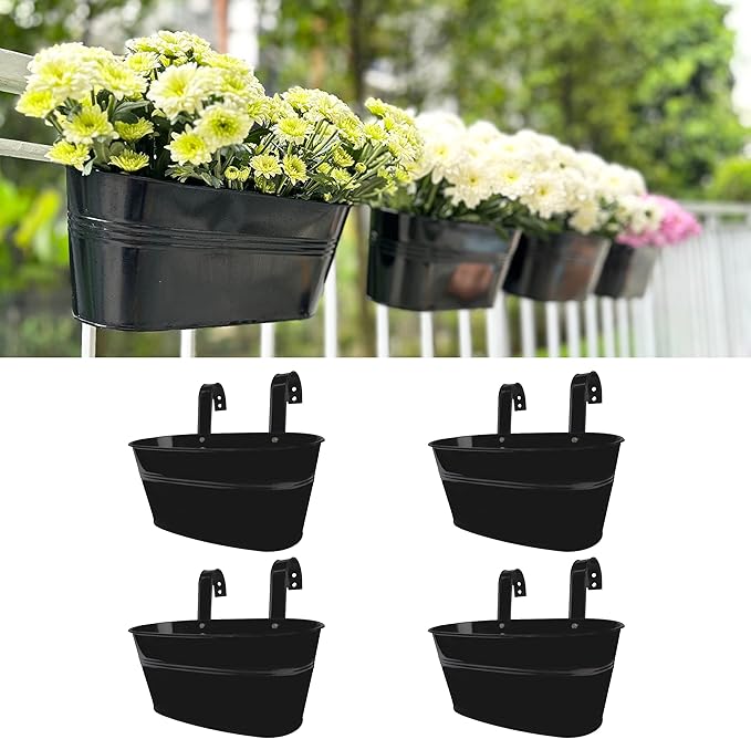 LaLaGreen Outdoor Rail Planter for Balcony (4 Pack, 9.8 Inch) Small and Cute Black Metal Iron Fence Hanging Flower Pots Deck Railings Buckets Boho Style Window Box Plant Holder Hooks Porch Decor