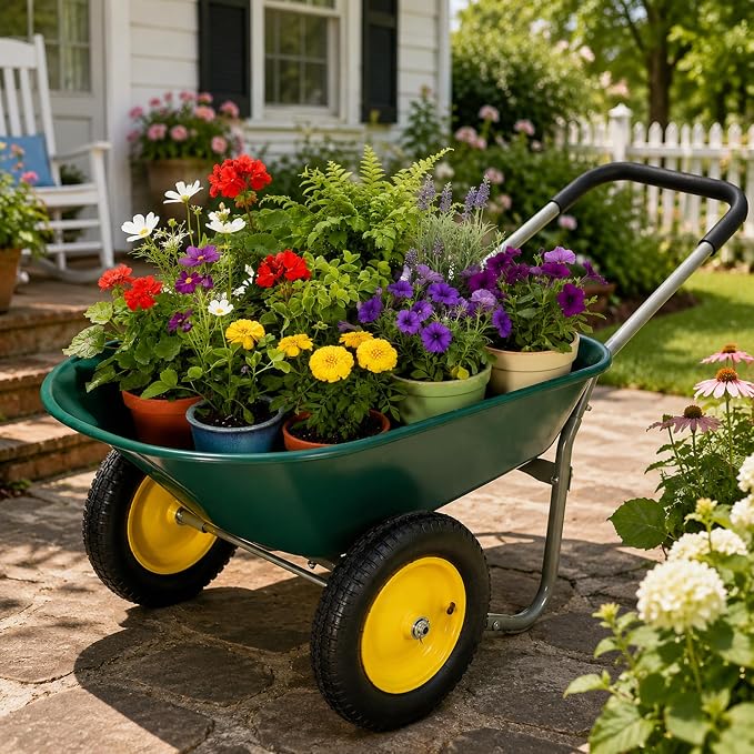 2 Wheel Wheelbarrow, Dual-Wheel Garden Dump Cart with 13" Non-Slip Pneumatic Tires & Ergonomic Padded Handle, Heavy-Duty Home Utility Yard Cart Wagon with 4.5 Cu Ft Capacity for Lawn, Gardening
