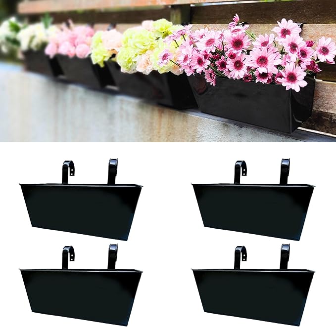 LaLaGreen Railing Planter (4 Pack, 14 Inch) Black Metal Rectangle Hanging Flower Pots Balcony Bucket Deck Rail Fence Trendy Long Strawberry Succulent Plant Holder Farmhouse Countryside Style Outside