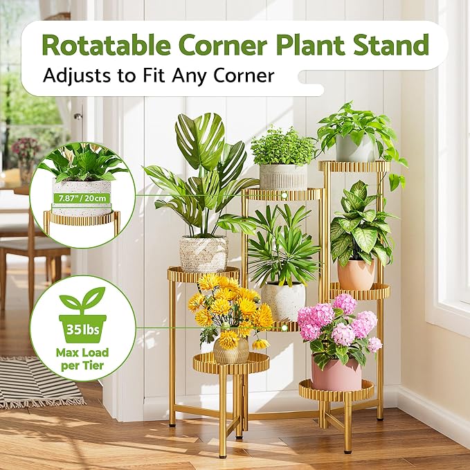 7 Tier Large Tiered Plant Stand Indoor, 7.9 Inch Wide Tall Corner Metal Plant Stands Outdoor for Multiple Plants, Flodable Tall Flower Display Holder Rack Shelf for Patio Balcony House -GoldFloroma