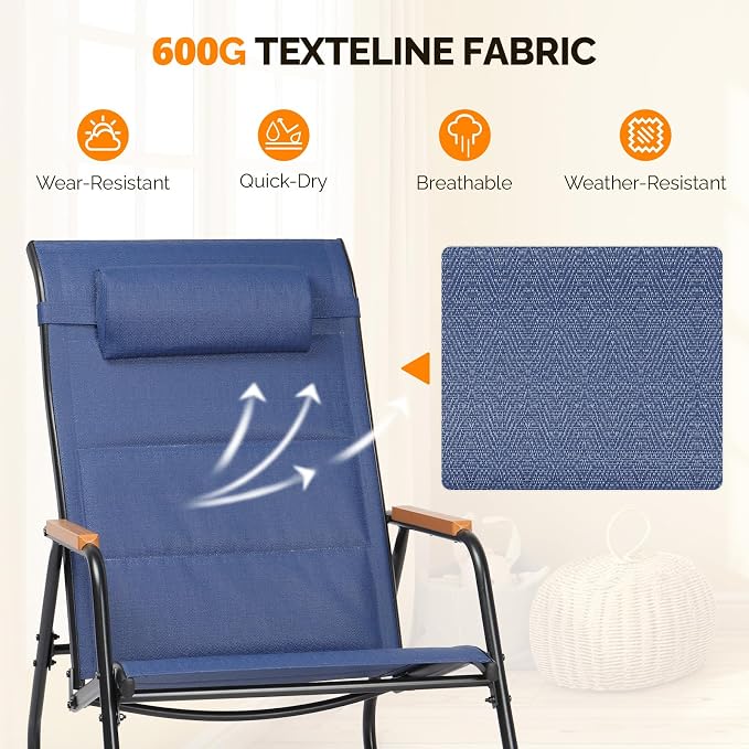 VINGLI Outdoor Rocking Chair, 450lbs Capacity Portable Outdoor Rocker with Footrest, Hard Armrests, Pillow, All Weather Porch Rocker for Garden, Living Room, Patio, Lawn (Blue, with footrest)