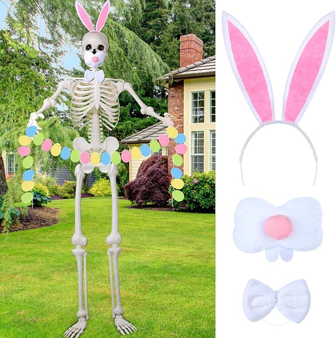 Suzile 4 Pcs 12 ft Skeleton Easter Bunny Accessories Extra Large Easter Headband Bunny Nose Bowtie Decoration Egg Garland for 12 ft Skeleton Outfit Garden Lawn Spring Outdoor Decor